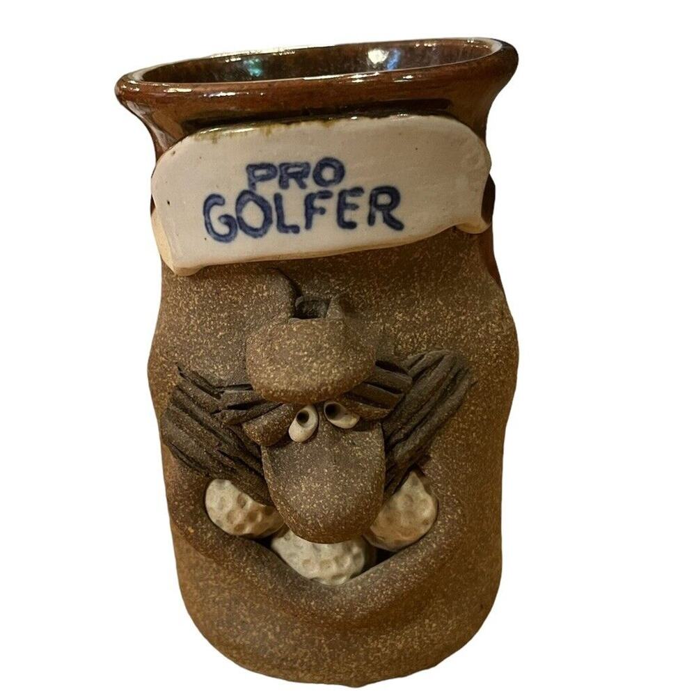 Vintage Mark Heins Handmade Funny Face Stoneware Mug PRO GOLFER Goatee Beard